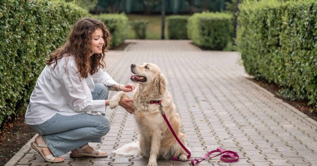 A woman crouching in front of her Siberian husky, doing a play bow, on a dirt path in a park. she holds a treat in her hand.